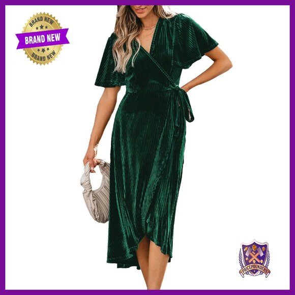 Midi Dress V Neck Belted Short Sleeve Ribbed Knit Party Cocktail